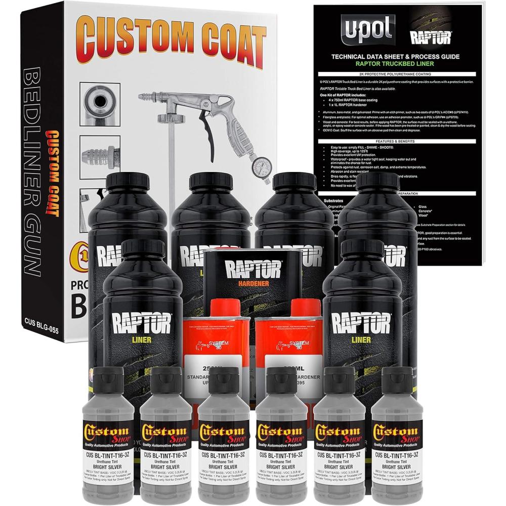 imageCustom Shop Bright Silver Urethane SprayOn Truck Bed Liner Kit and Custom Coat Spray Gun with Regulator 6 Liters