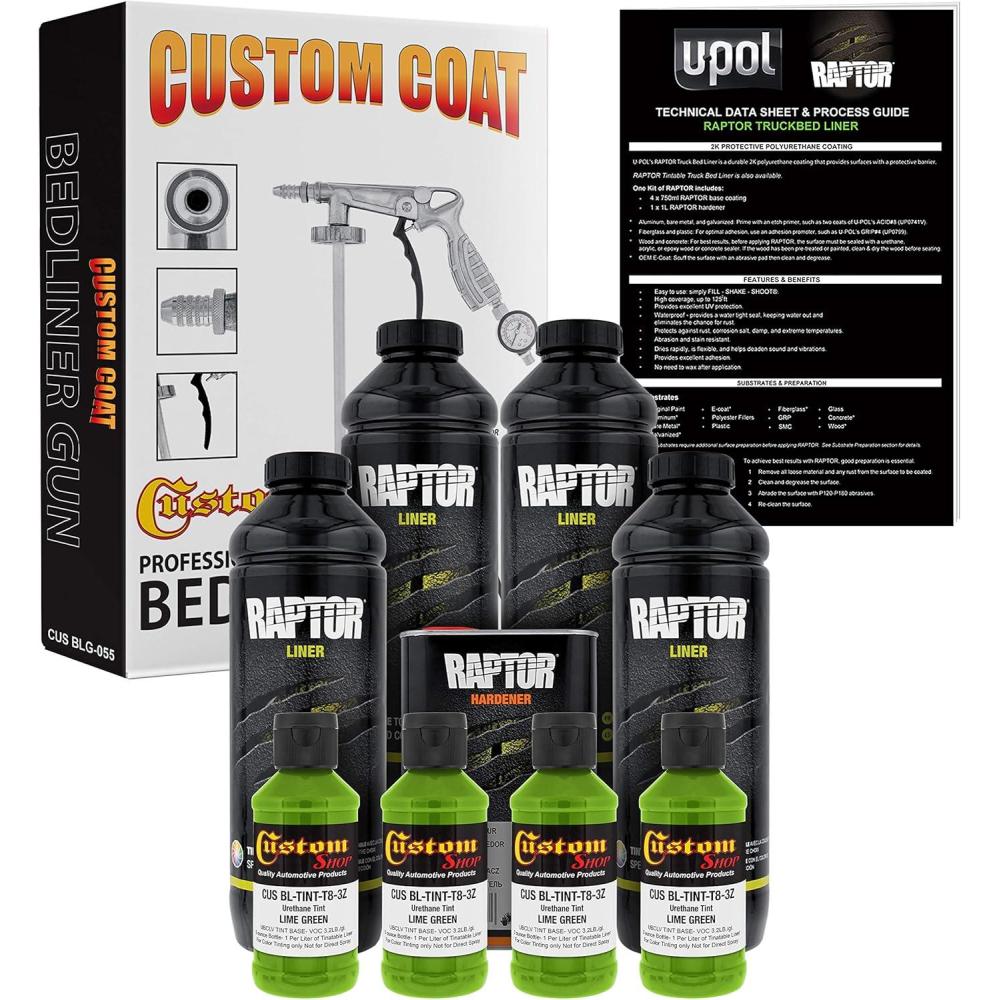 imageCustom Shop Lime Green Urethane SprayOn Truck Bed Liner Kit and Custom Coat Spray Gun with Regulator 4 Liters