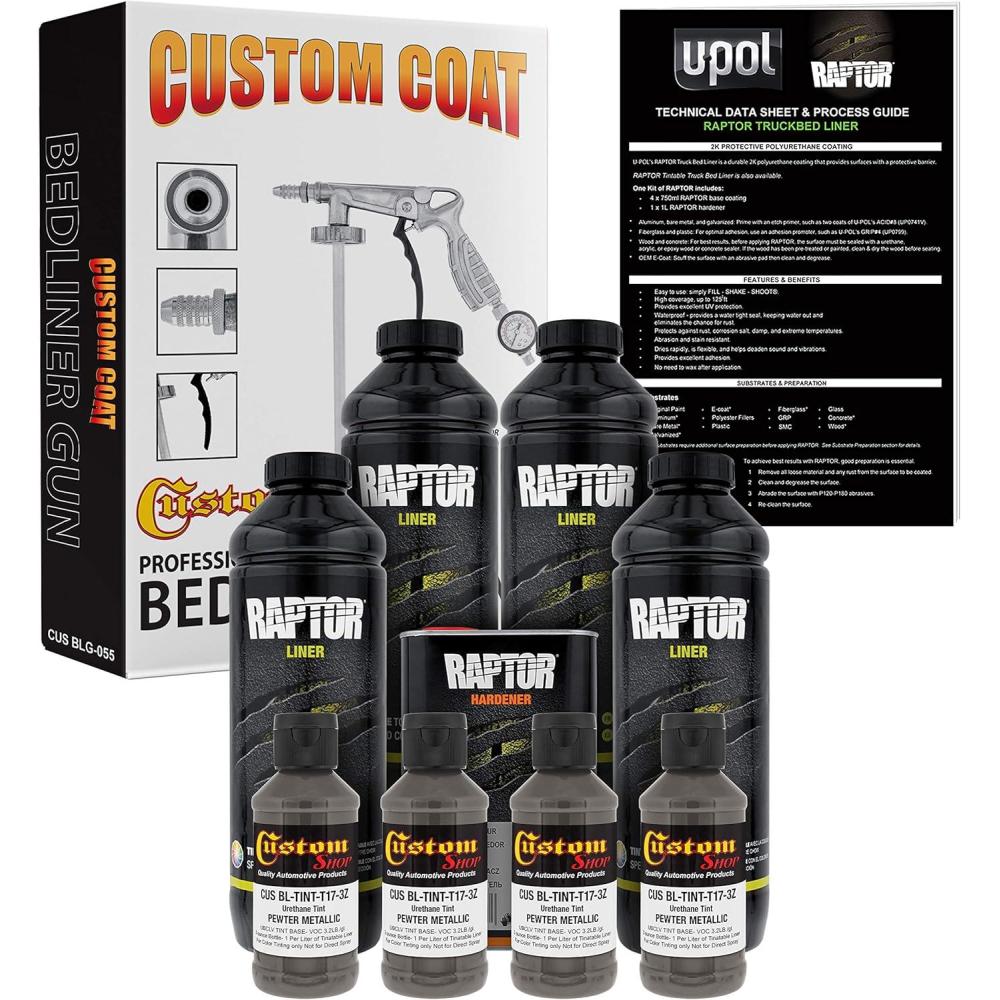 imageCustom Shop Pewter Metallic Urethane SprayOn Truck Bed Liner Kit and Custom Coat Spray Gun with Regulator 4 Liters