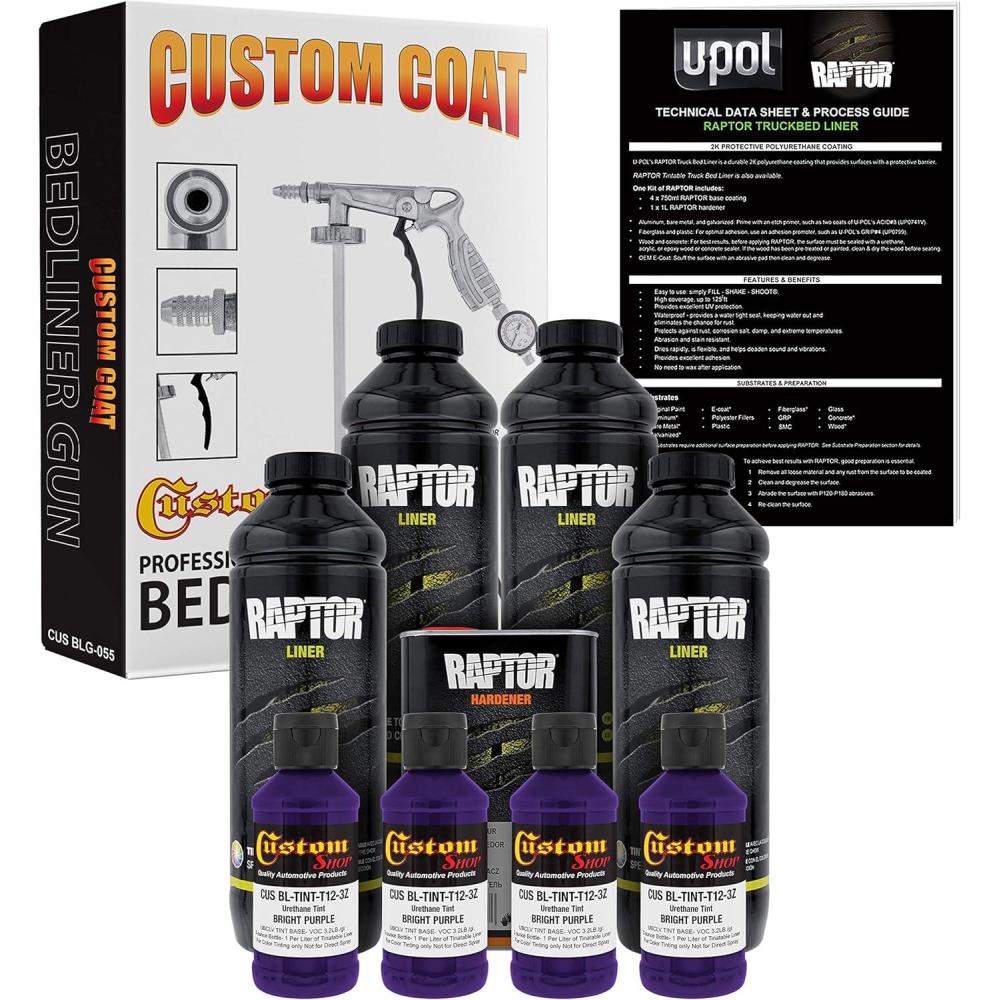 imageCustom Shop Raptor Bright Purple Urethane SprayOn Truck Bed Liner Kit and Custom Coat Spray Gun with Regulator 4 Liters