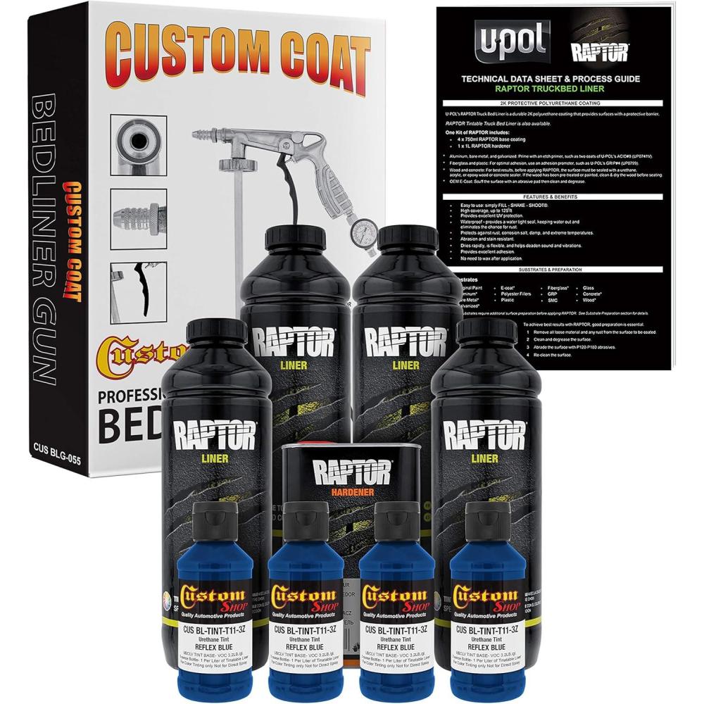 imageCustom Shop Reflex Blue Urethane SprayOn Truck Bed Liner Kit and Custom Coat Spray Gun with Regulator 4 Liters
