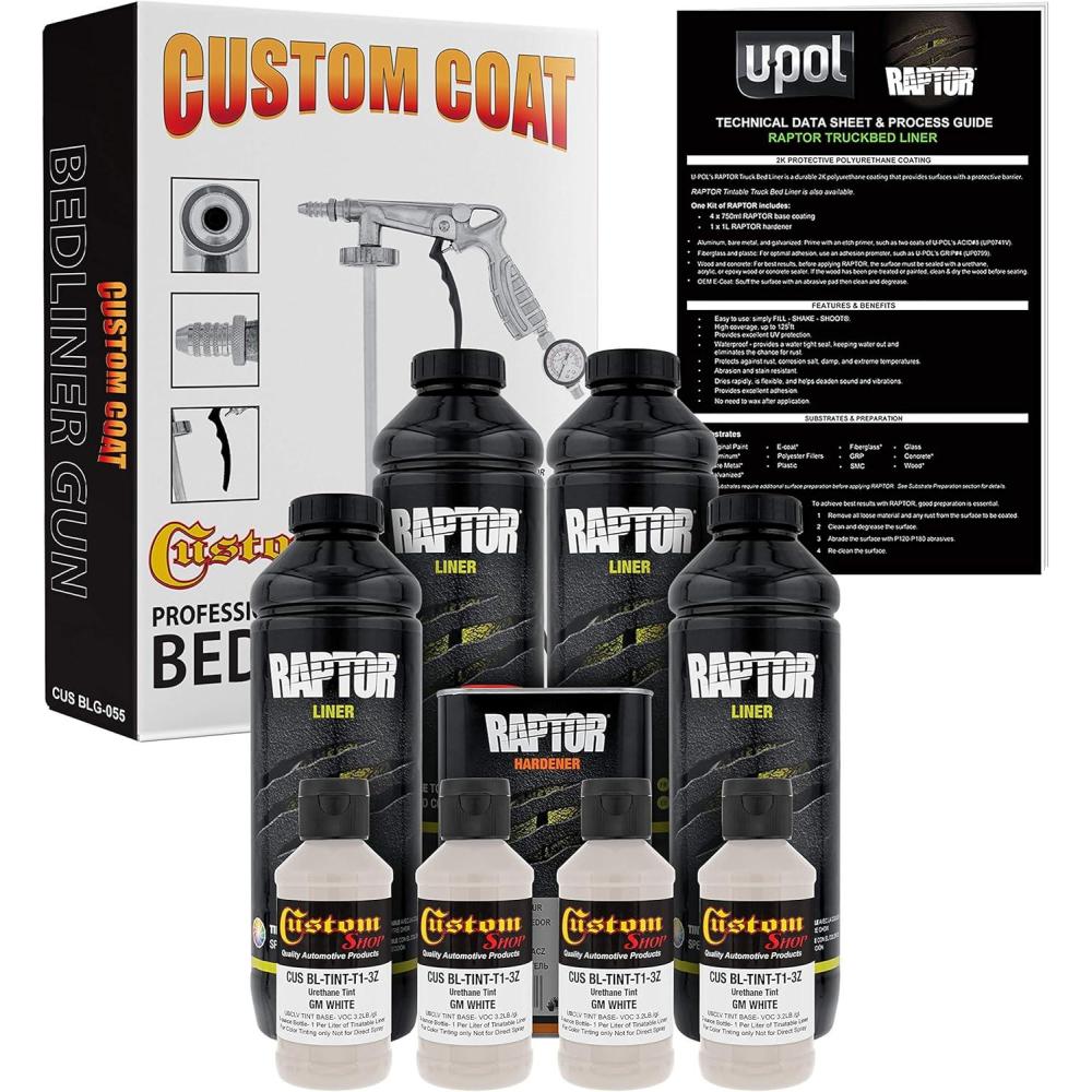 imageUPOL Raptor GM White Urethane SprayOn Truck Bed Liner Kit with Custom Coat Spray Gun with Regulator 4 Liters