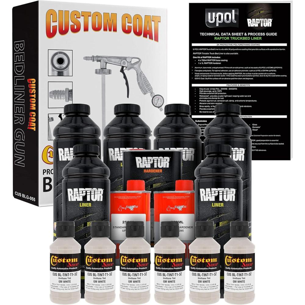 imageUPOL Raptor GM White Urethane SprayOn Truck Bed Liner Kit with Custom Coat Spray Gun with Regulator 6 Liters