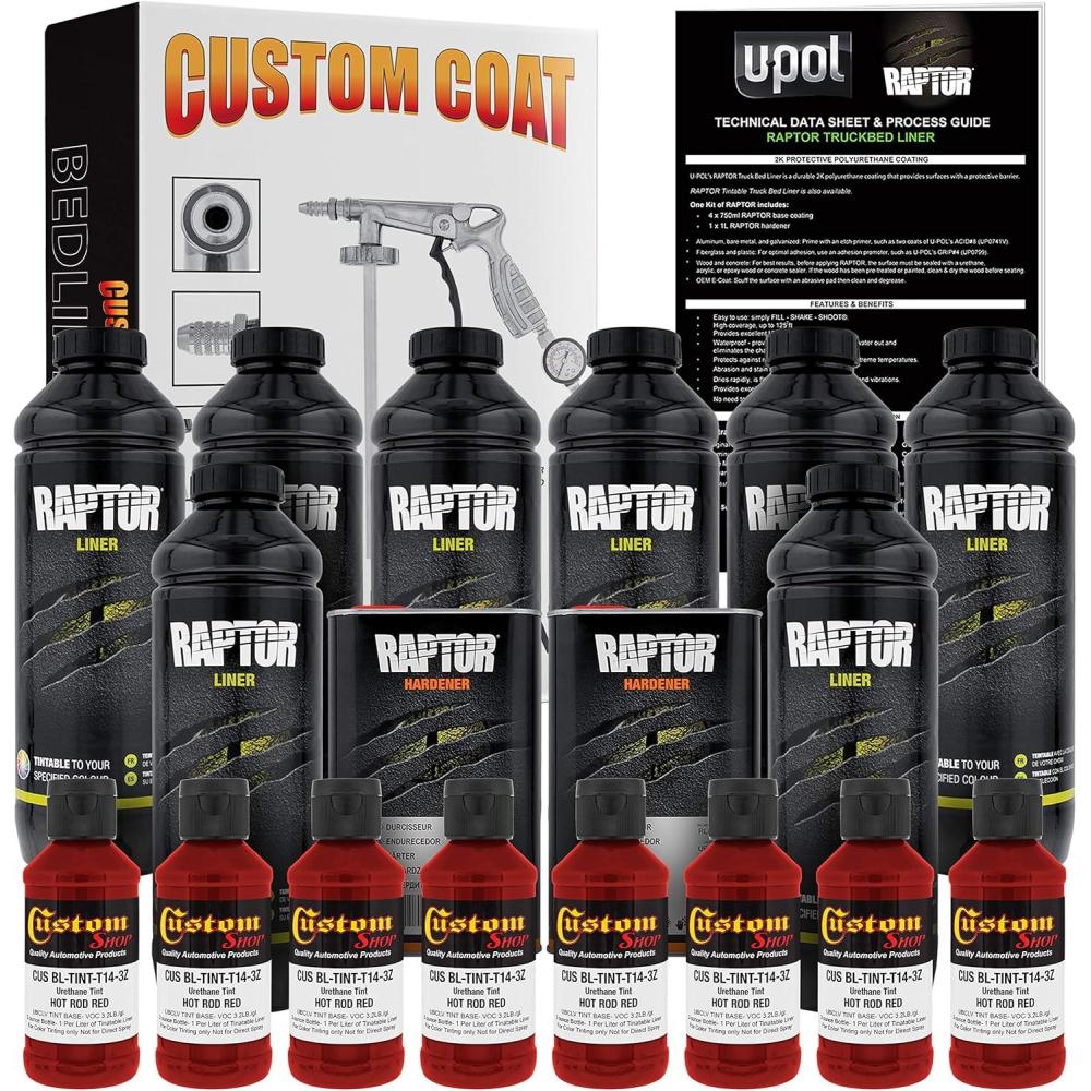 imageUPOL Raptor Hot Rod Red Urethane SprayOn Truck Bed Liner Kit with Custom Coat Spray Gun with Regulator 8 Liters