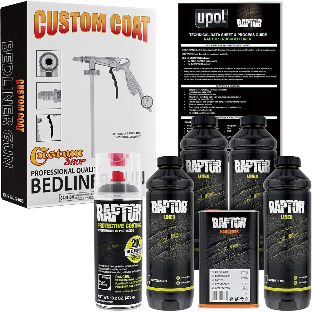 imageUPol Raptor 4 Quart Kit  Black Urethane SprayOn Truck Bed Liner Kit Custom Coat Spray Gun with Regulator  Bonus Aerosol Bedliner Can4 Quart Kit