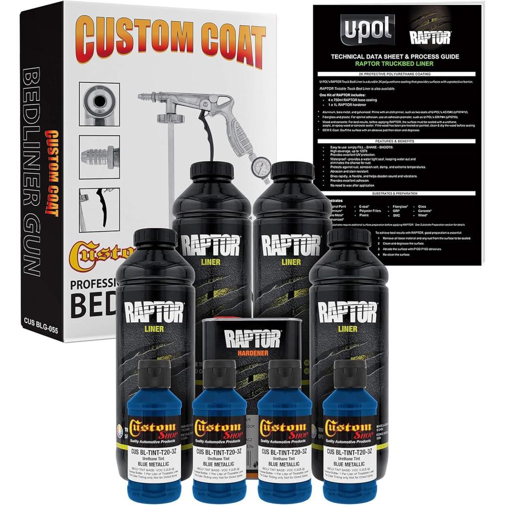 imageUPol Raptor Blue Metallic Urethane SprayOn Truck Bed Liner Kit and Custom Coat Spray Gun with Regulator 4 Liters