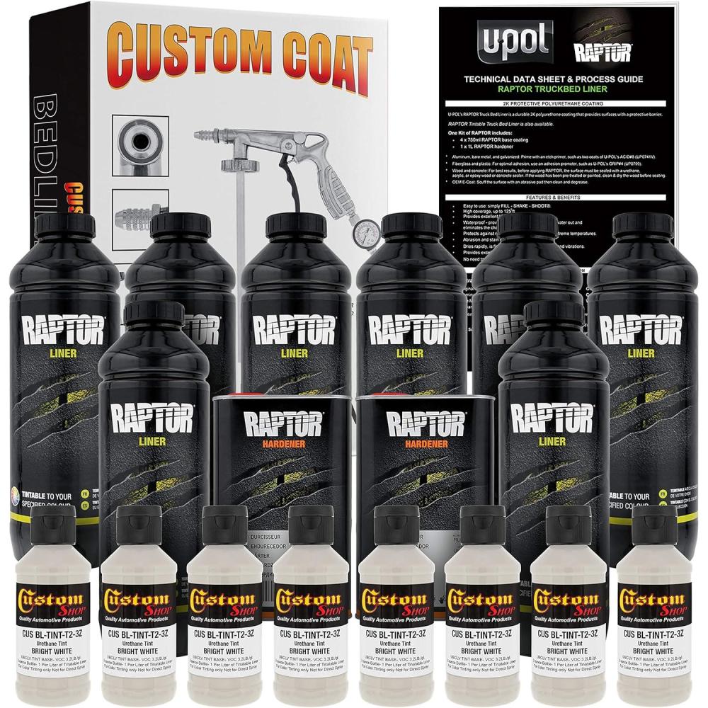 imageUPol Raptor Bright White Urethane SprayOn Truck Bed Liner Kit and Custom Coat Spray Gun with Regulator 8 Liters