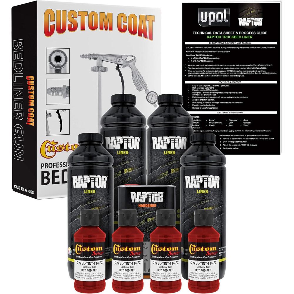 imageUPol Raptor Hot Rod Red Urethane SprayOn Truck Bed Liner Kit and Custom Coat Spray Gun with Regulator 4 Liters