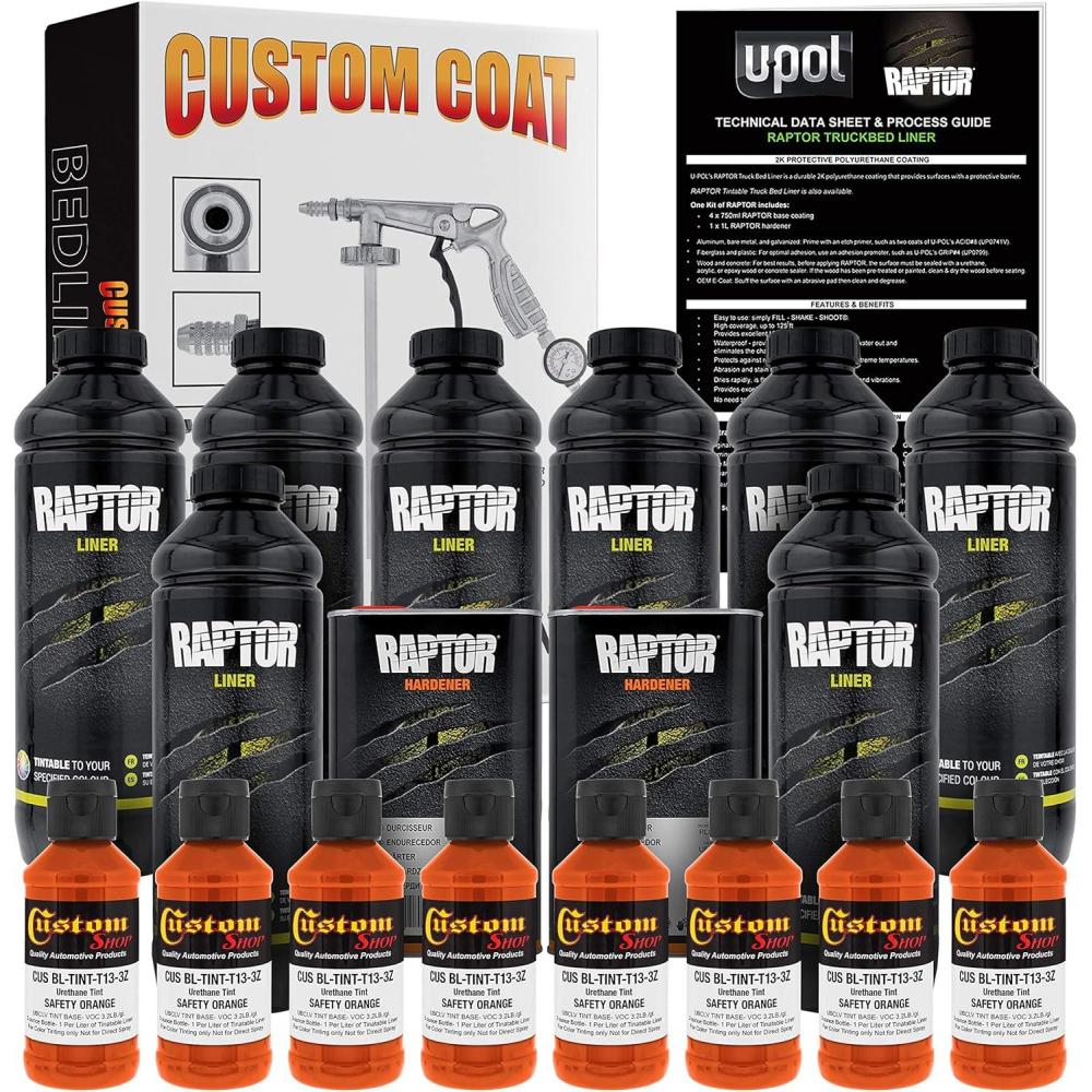 imageUPol Raptor Safety Orange Urethane SprayOn Truck Bed Liner Kit and Custom Coat Spray Gun with Regulator 8 Liters