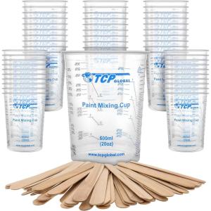 imageTCP Global 20 oz 600ml Graduated Plastic Mixing Cups  Box of 25 with 25 Mixing Sticks  Disposable Plastic Measuring Cups for Liquids Paints Resin Epoxy Art Kitchen  Ratios 21 31 41 ML50