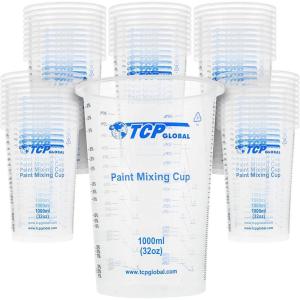 imageTCP Global 32 oz 1000ml Graduated Plastic Mixing Cups Box of 50  Disposable Plastic Measuring Cups for Liquids Paints Resin Epoxy Art Kitchen  Ratios 21 31 41 ML50