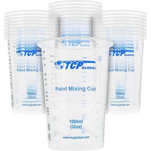 imageTCP Global 32 oz 1000ml Graduated Plastic Mixing Cups Box of 50  Disposable Plastic Measuring Cups for Liquids Paints Resin Epoxy Art Kitchen  Ratios 21 31 41 ML25