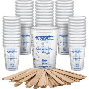 imageTCP Global 10 oz 300ml Graduated Plastic Mixing Cups  Box of 50 with 50 Mixing Sticks  Disposable Plastic Measuring Cups for Liquids Paints Resin Epoxy Art Kitchen  Ratios 21 31 41 ML100